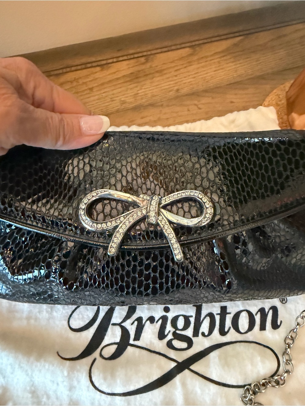 Brighton Black Patent Bow Accent Chain Shoulder Bag